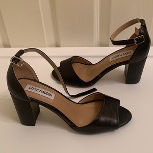 Steve Madden Black Leather Ankle Strap Heel Sandal